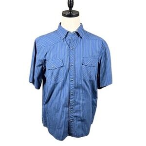 REI Mens XL Blue Striped Western Short Sleeve Snap Button Down Cotton Shirt